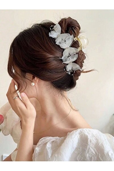 Cinderella Özel Tasarım Şık Kadın Beyaz Tüllü Taşlı Kelebek Toka 13cm - Büyük Boy Mandallı Saç Topuz Tokası