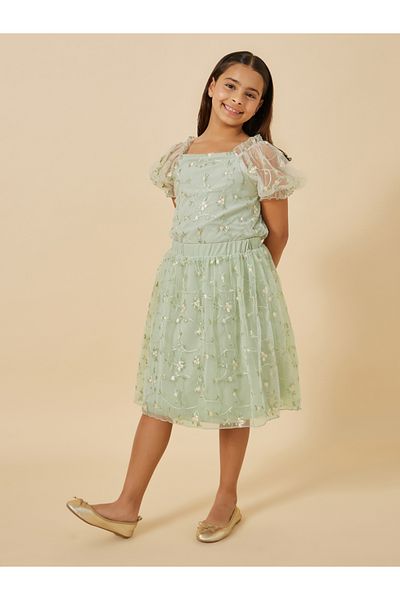 Styli Embroidered Puff Sleeve Top and Skirt Set