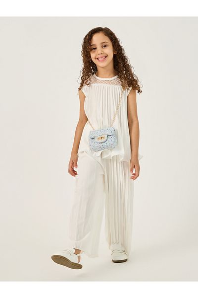 Styli Floral Lace Insert Pleated Top and Pants Set