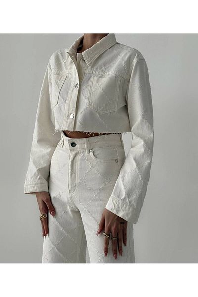 Quzu Cream Color Crop Denim Jacket - Knitted Detail and Buttons
