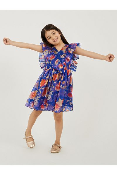 Styli Floral Print Organza Fit and Flare Dress