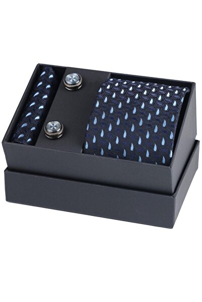 Esgue Hand Made Drop Pattern Blue Black Tie & Handkerchief & Cufflink Gift Set