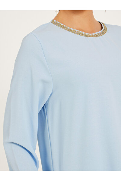 Styli 3/4th sleeve length long top with gold lace trims and wide leg pants modest set