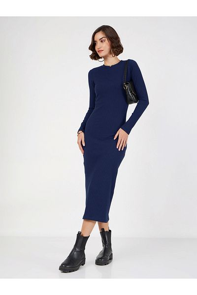Sassafras By Styli Rib Knit Bodycon Round Neck Midi Dress