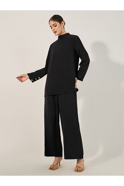 Styli high neck long top w/ metallic button trim at sleeve cuff and wide leg pants modest set