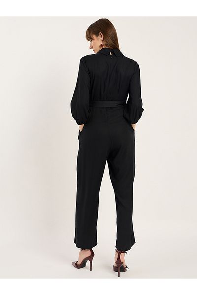 Femmella By Styli Balloon Sleeve Lapel Detail Jumpsuit with Waist Tie-Up