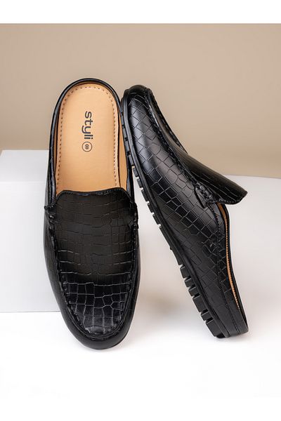 Styli Snake-Skin Textured Slip On Mules