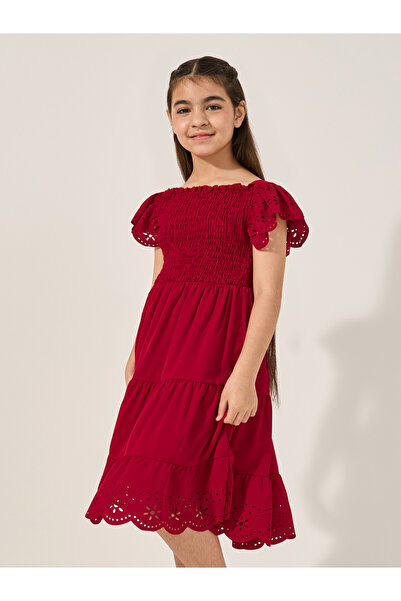 Styli Schiffli Smocked Detail Tiered Dress