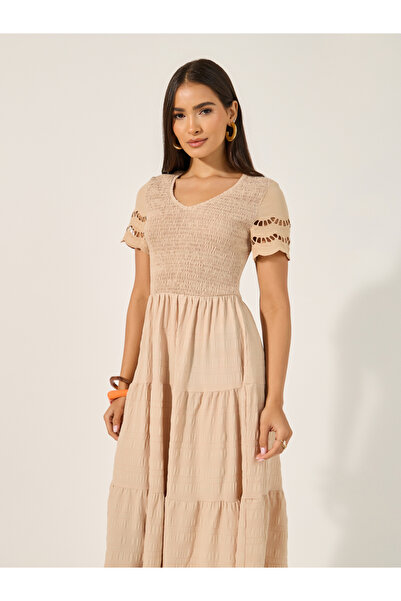 Take Two By Styli Texture Smocking Detail Lace Contrast Sleeve Midi Dress