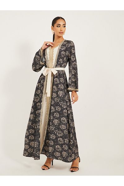 Styli Front Open Abaya With All Over Foil Print And Lace Detail