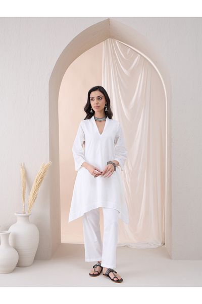 Femmella By Styli Textured Dobby V-Neck Tunic with Straight Pant Co-Ords