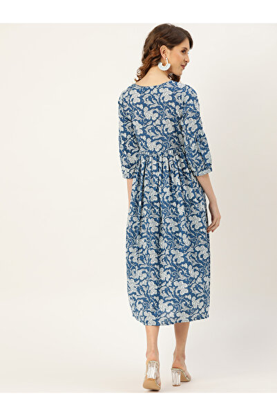 Sassafras By Styli Floral Print Gathered Detail Midi Dress with Tie Up Neck Tassel Detail