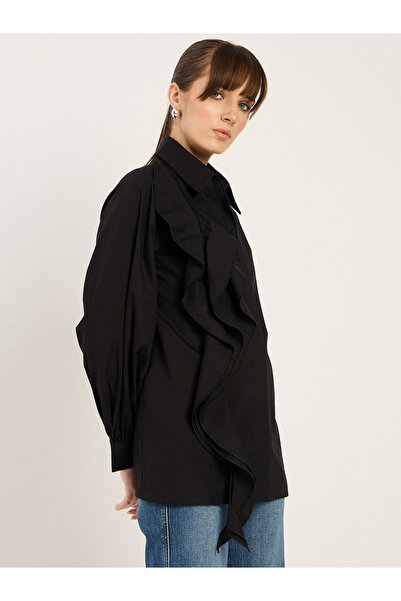 Femmella By Styli Solid Ruffle Detail Spread Collar Shirt