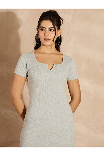 Sassafras By Styli Solid Melange Rib Notch Neck Bodycon Midi Dress