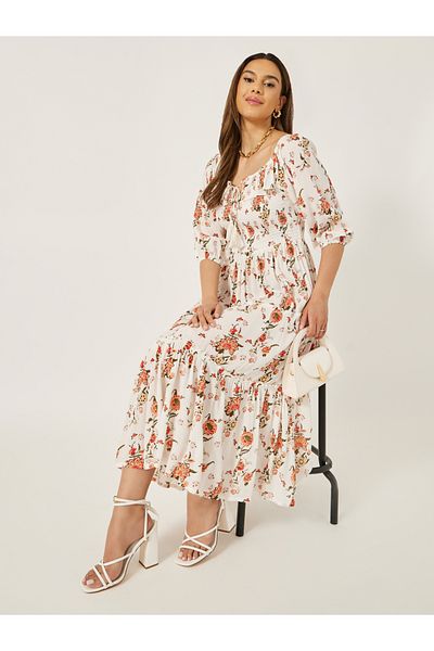 Styli Floral Print Smocked Detail Tiered Midi Dress