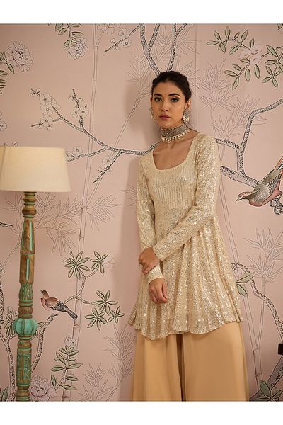 Sassafras By Styli Embellished Sequins Peplum Top with Flared Pants Set