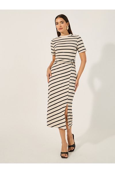 Luxewave By Styli Stripe Regular Fit Midi Dress with Side Slit