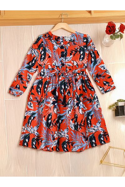 Bella Moda By Styli All-Over Print Fit and Flare Round Neck Dress with Long Sleeves