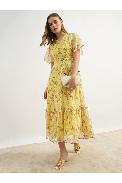 Styli Balloon Sleeve V-Neck Tiered A-Line Maxi Dress