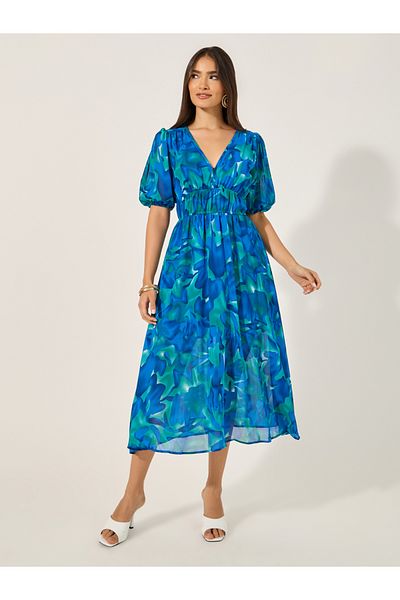 Take Two By Styli Allover Print V Neck Half Sleeve Midi Dress