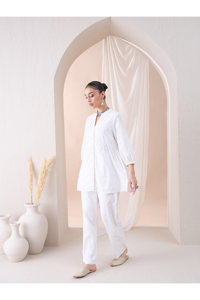 Femmella By Styli Embroidered Down Cotton Tunic with Straight Pant Co-Ords