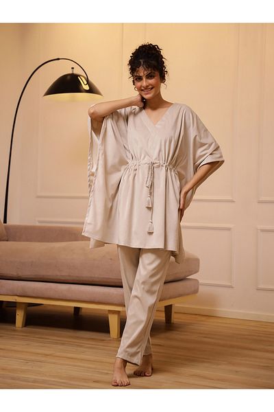 Sanskrutihomes By Styli Velvet Look Drawstring Kaftan Top and Pyjama Set