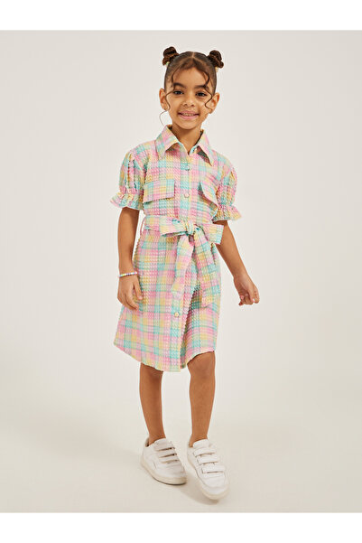 Styli Checked Collared Dress with Belt Detail
