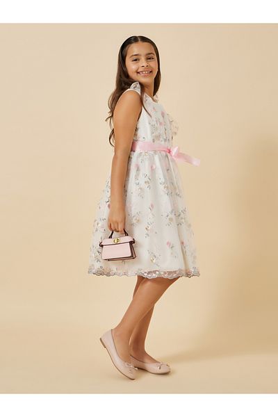 Styli Embroidered Ruffle Detail Mesh Dress with Belt