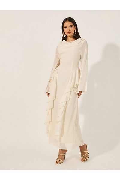 Styli Ruffle Detail Cowl Neck A-Line Maxi Dress