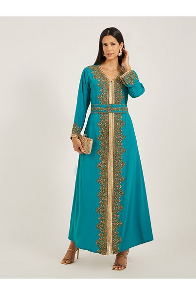 Maxim Creation By Styli Embroidered V-Neck A-Line Jalabiya with Belt