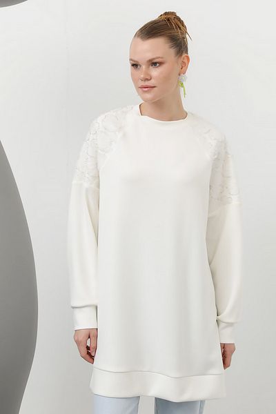 REMSA Raglan Sleeve Tulle Stone Embroidered Modal Sweat Tunic Ecru Color