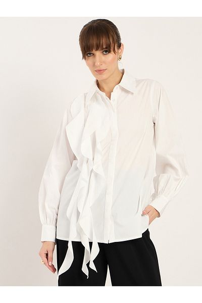 Femmella By Styli Solid Ruffle Detail Spread Collar Shirt