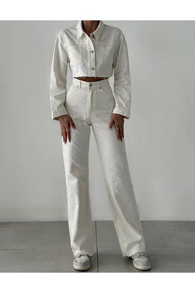 Quzu Cream Color Crop Denim Jacket - Knitted Detail and Buttons