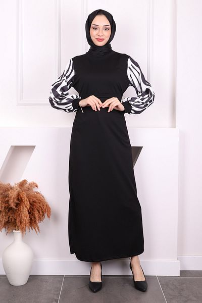 İmajButik Μαύρο Φόρεμα Hijab με μοτίβο ζέβρας