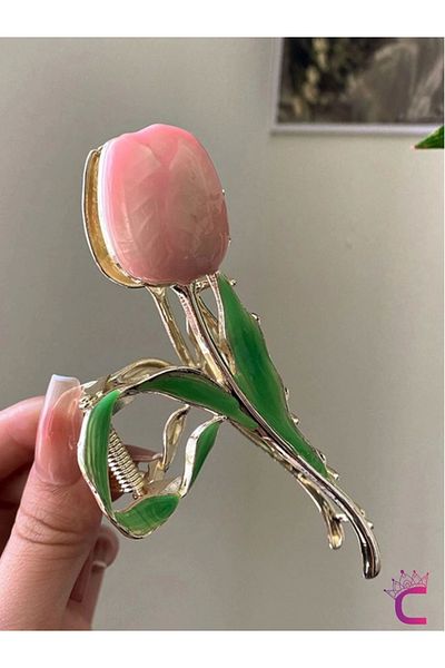 Cinderella Design cu flori de lalele roz Cataramă mare pentru femei din metal 11,5 cm - Agrafă elegantă pentru coc de păr
