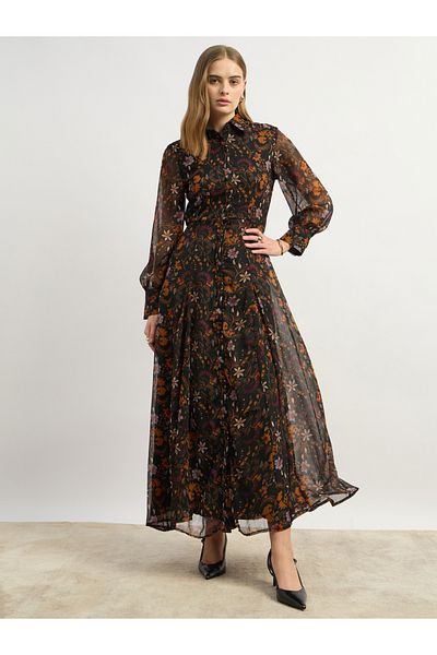 Styli Floral Print Long Sleeves Shirt Maxi Dress