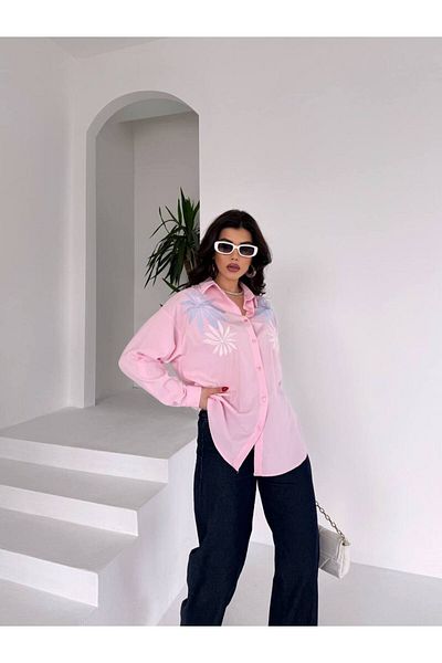 ubmbutik Women's Linen Shirt - Embroidery Embroidered - Sleeve Fold - Loose Cut - Woven Linen