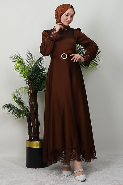 GİZ AGİYİM Brown Neck Stone Detailed Dress