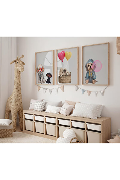 ARTCASTLE Set de 3 tablouri cu rame din lemn pentru camera copiilor Câine