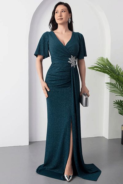 Efelif Βραδινό φόρεμα ABU39938 με λεπτομέρεια από πέτρα με λουλούδια σμαραγδένια μέση