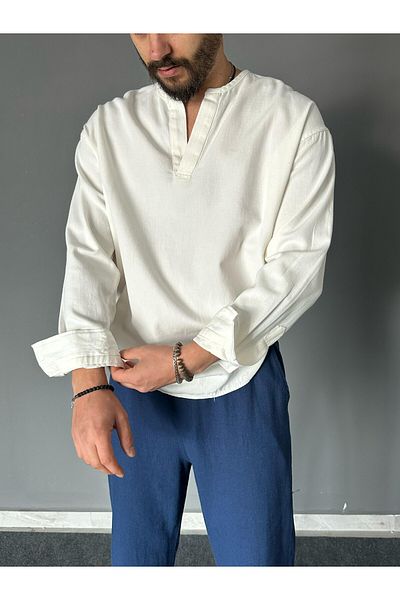 THEMANN Gabardine Fabric V-Neck White Shirt
