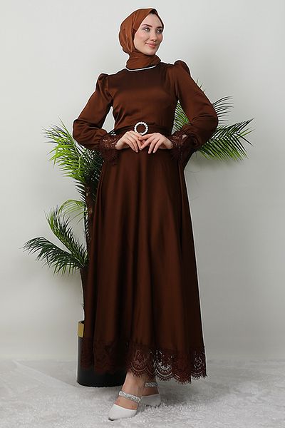 GİZ AGİYİM Brown Neck Stone Detailed Dress