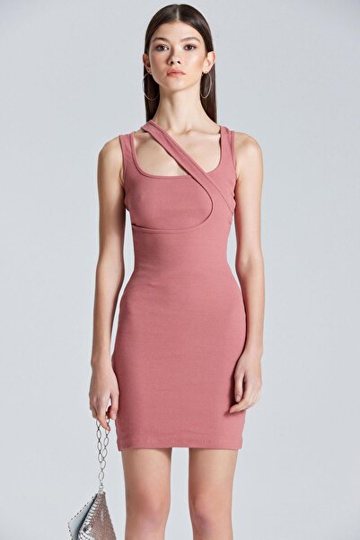 World Fashion Trends 2472 Gül Kurusu Kalın Askılı Şerit Detaylı Elbise