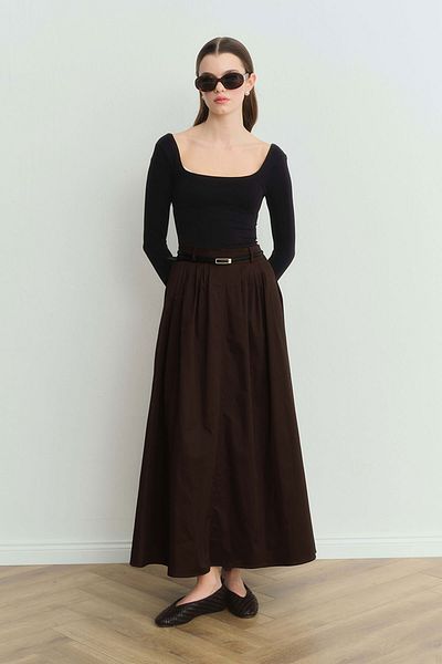 Hooopstore Lidia Pleated Detailed Brown Skirt