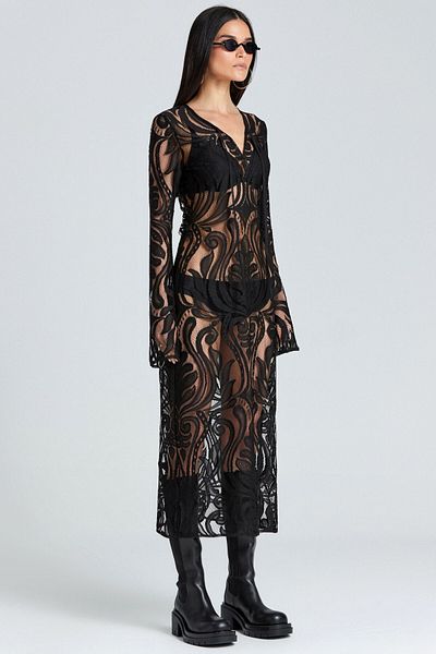 World Fashion Trends 1995 V-Neck Long Lace Dress