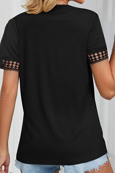 Mossta V-Neck Lace Detailed Viscose Blouse Black