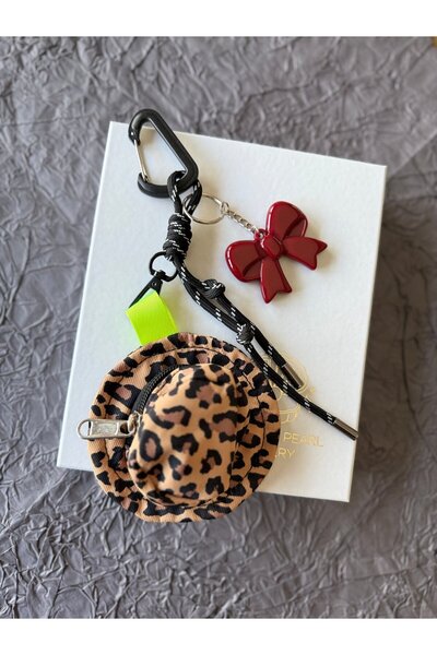 Home Leopar Şapka ve Bordo Kurdele Detaylı Çanta Charm Seti