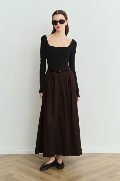 Hooopstore Lidia Pleated Detailed Brown Skirt