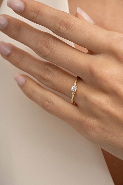 Sümer Telkari Kare Taşlı Altın Kaplama Gümüş İnce Yüzük 5956