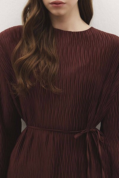 Hooopstore Aller Detailed Textured Brown Satin Dress